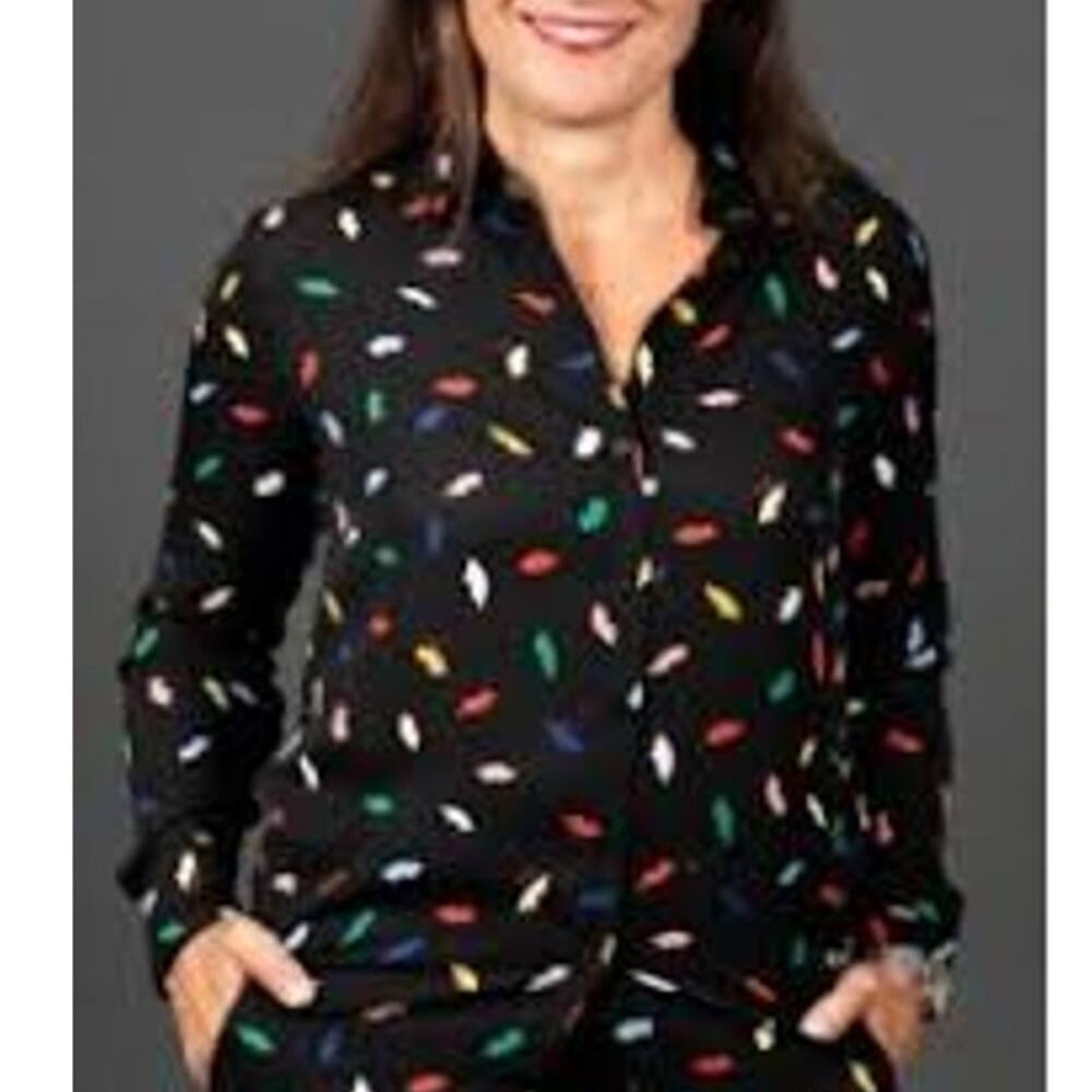 Sonia by Sonia Rykiel Colorful Lip Print Long Sleeve Button-Up Shirt Black 40